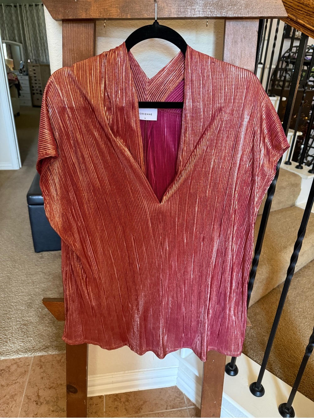 Adrienne Metallic Rose Pleated V-Neck Blouse